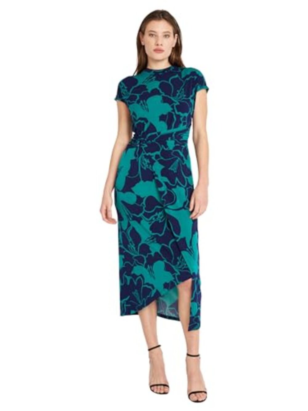 Donna Morgan Women's Short Sleeve Mock Neck Wrap Look with Asymmetric High Low